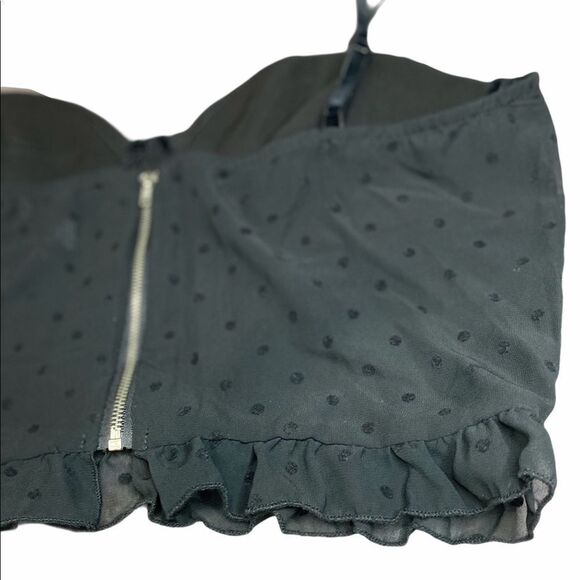 Black Velvet Polk Dot Ruffle Trim Cropped Corset Bustier Top NEW - Picture 2 of 4